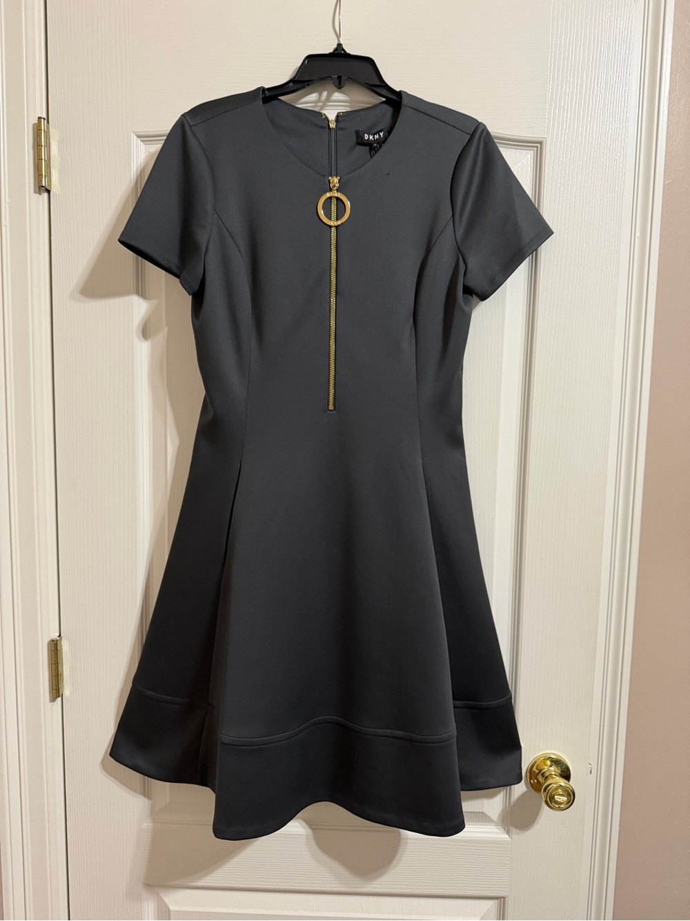 DKNY Charcoal Short-Sleeve Fit-and-Flare Dress with Gold Ring Zip